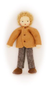 Vater blond mit hellbrauner Jacke und braun melierter Hose / Größe 12cm