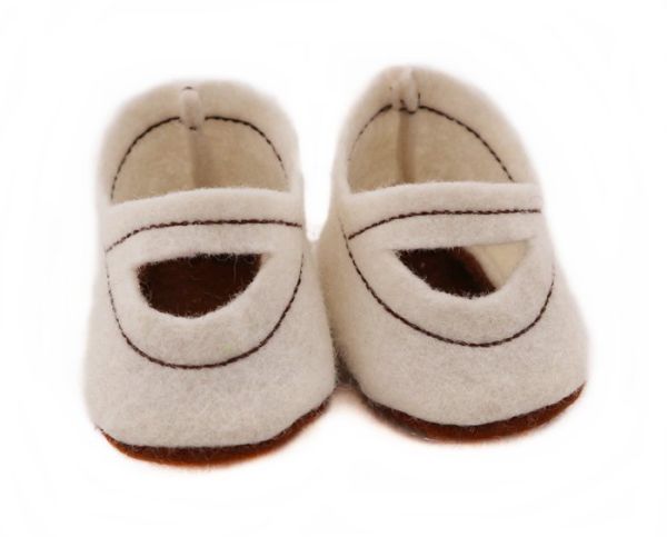 Puppenschuhe aus Filzstoff weiß-hellbraun 50-54cm