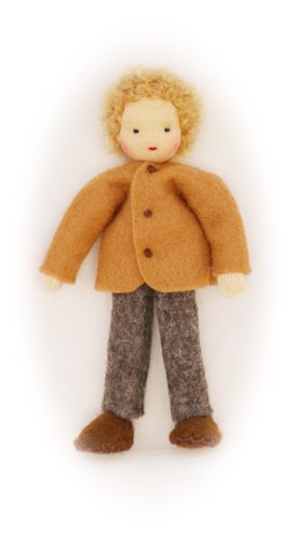 Vater blond mit hellbrauner Jacke und braun melierter Hose / Größe 12cm