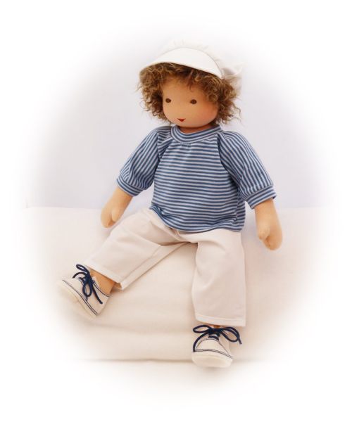 Puppenpullover blau-hellblau geringelt 40-48cm