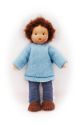 Bübchen dunkelbraune Locken mit hellblauem Pullover und blauer Hose / Größe 9cm